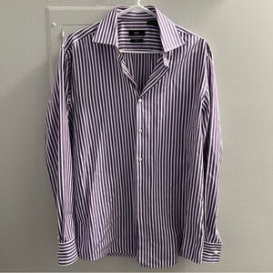 Hugo Boss Men's Purple and White Striped Dress Shirt